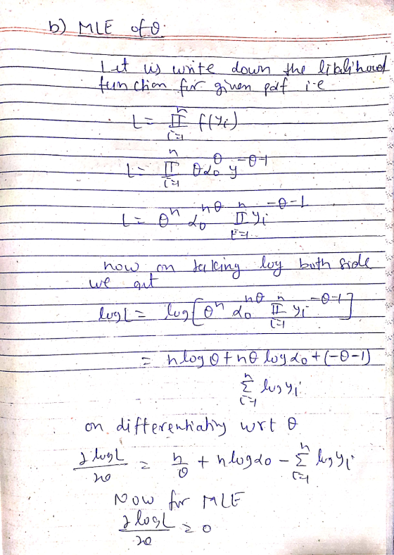 b) MLE ofo: Let is write down the likelihood function for ginen pdf ie t I flyi) । o-07 IT odo y (घ to DY Bali ملیمدا how on
