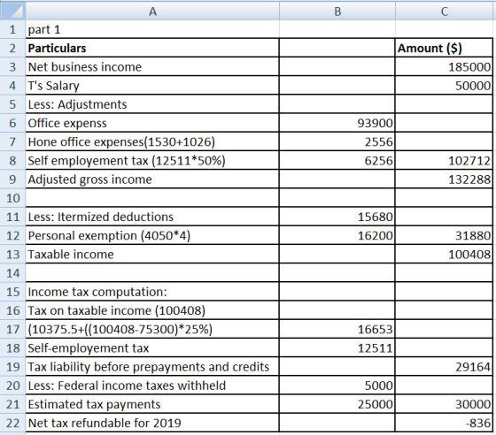B Amount ($) 185000 50000 A. 1 part 1 2 Particulars 3 Net business income 4 Ts Salary 5 Less: Adjustments 6 Office expenss 7