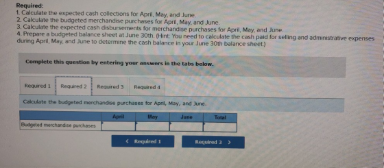 Required: 1. Calculate the expected cash collections for April, May, and June. 2. Calculate the budgeted merchandise purchase