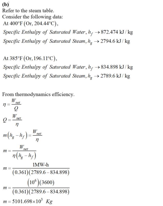(b) Refer to the steam table Consider the following data At 400°F (Or, 204.44°C) Specific Enthalpy of Saturated Water, h,-872
