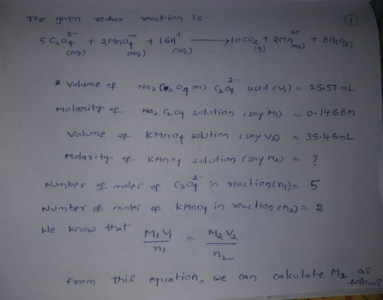 The given redox reaction is loco₂ + 2Mn +8H902 5 C₂04 + 2Mnog +1GH Cag2 ca) Coq) 2- & volume of Naz (2 of 103) (200 used cy)