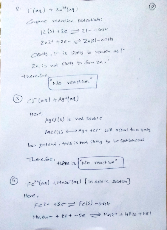 2. Tlaq) + Zu?+(aq) Compowe reduction potentials: 12 (3) +20 21-+0.54 Zn2+ + 2e- z znis) - 0.7613 Clearly, I is likely to rem