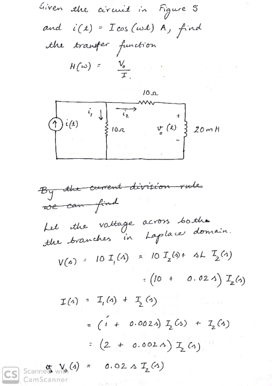 Given the circuit in Figure 5 and i(t) I cos (wt) A, find the transfer function H(w) I 102 qit) 102 v (t) 20mH we can the bra