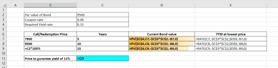 A B С D E 1 9500 2 3 Par value of Bond Coupon rate Required Yield rate 0.06 4 0.11 Years 5 5 6 7 8 9 10 Call/Redemption Price
