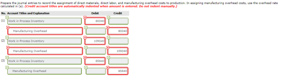 Prepare the journal entries to record the assignment of direct materials, direct labor, and manufacturing overhead costs to production. In assigning manufacturing overhead costs, use the overhead rate calculated in (a). (Credit accunt titles are automatically indented when amount is entered. Do not indent manually.) No. Account Titles and Explanation Debit (1) Work in Process Inventory 80040 Manufacturing Overhead 80040 (2) Work in Process Inventory 109040 Manufacturing Overhead 109040 (3) Work in Process Inventory 85840 Manufacturing Overhead 85840