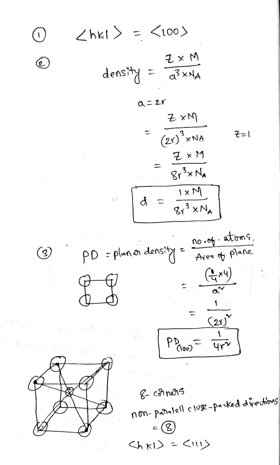 <hki) =<100) 1 х М density a3XNA acer ZxM z=1 = (20) PxNA Z x M 8r² NA IxM lo = 8y3 XNA no.of. atoms. 3 PD = planar density A