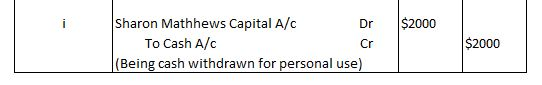 Dr $2000 Sharon Mathhews Capital A/C To Cash A/C (Being cash withdrawn for personal use) Cr $2000