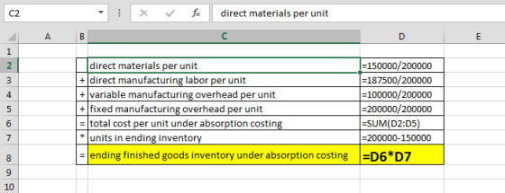 direct materials per unit C2. c A. D E 1 |-150000/200000 187500/200000 - 100000/200000 -200000/200000 =SUM(D2:D5) 2 direct ma