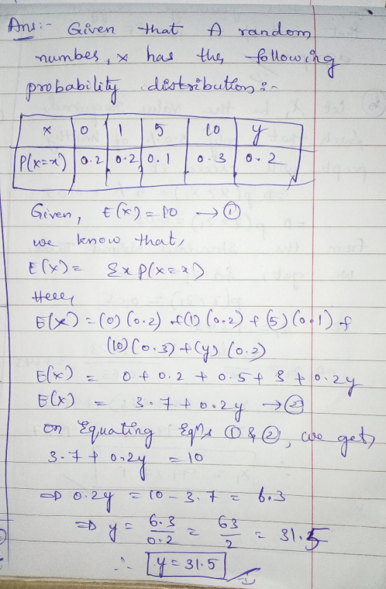 Ans: Given numbes , & probability x soli that I random has the following distribution: 5 1 co y (x=x 10.2 0.2 0.1 0.3 0.2 Giv