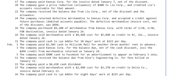 17 The company paid Kansas Corp. for the invoice dated January 7, net of the discount. 20 The company gave a price reduction