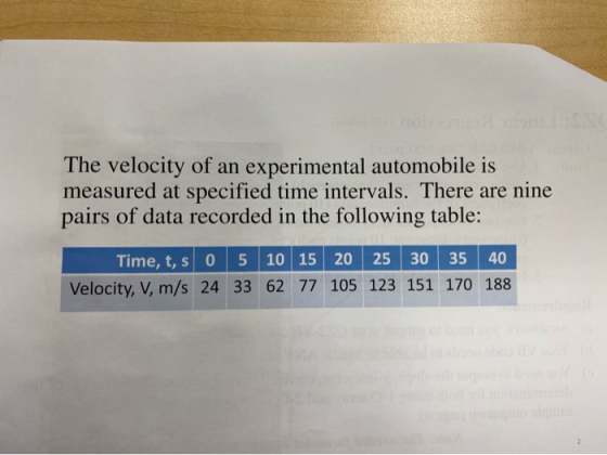 The velocity of an experimental automobile is measured at specified time intervals. There are nine pairs of data recorded in