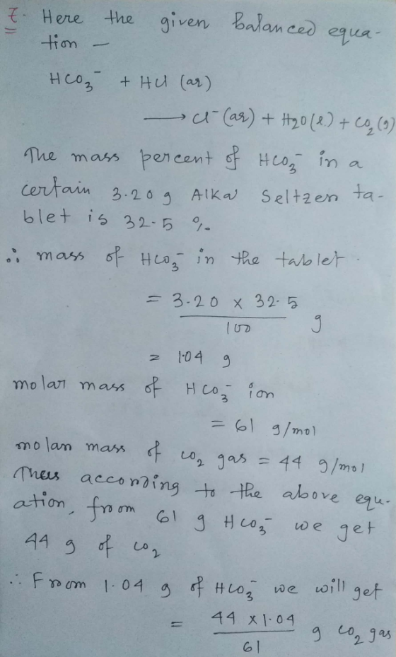 given balanced equa the t Here tion Hco Hu (ar) uCar) + t20(2) + ca (0) > The mass pen cent f Hcog in a certain blet is 32-5