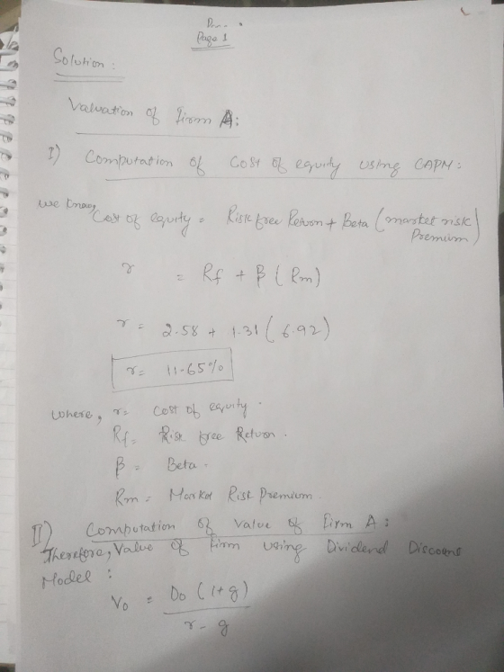 Dere. Page 1 Solution : 1997 Valuation of firm A Computation of Cost of equity using CAPM: we know Cost of equity. Risk free