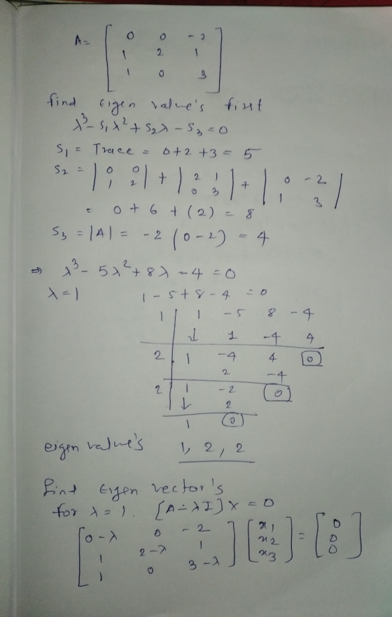 0 2 3 find Eigen values fint x-s,x2+5)-52=0 b+2+3= 5 S = Trace 52 - a ot 6+ (2) Sy = |A = -2 (0-2) - 4 5+2+87-4 = 0 13 y 1-5