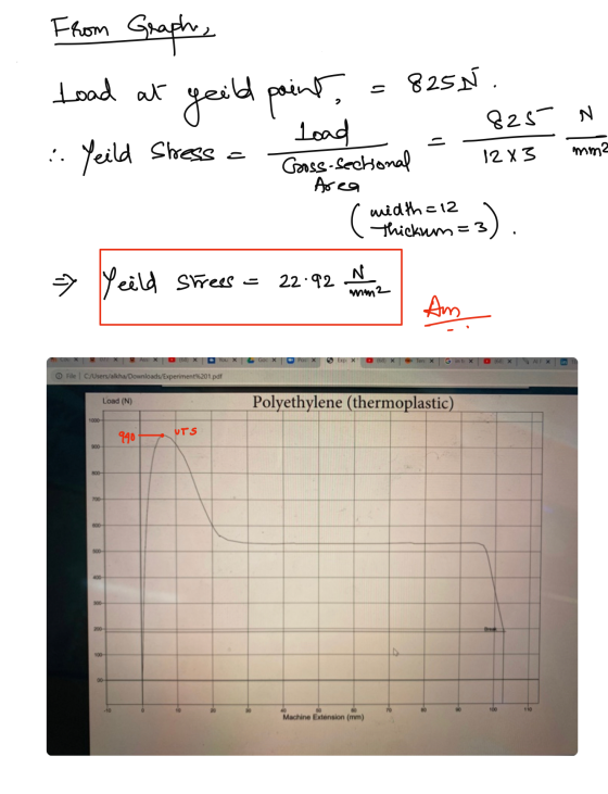 From Graph, 825N. at S point, Load geild Yeild Stress 825 N - :. 12 X 3 mm² load Gooss-sectional Area width=12 Thickum 3) = 3
