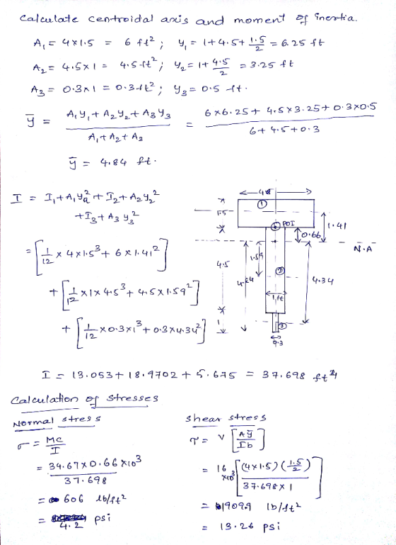 Calculate centroidal ancis and moment of Enestia. A, = 481.5 = 6 ft?; 4,= 1+4.5+ 1,5 = 6.25 ft A₂ = 4.5x1= 4.5 ft²; 42 = 1+ 4