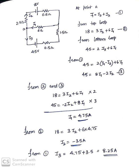 - 18V At point a Titan 10-512 2.51s At point a = 1, +3, - from top loop 18 = 3 Iz +65 – from bottom loop ന്ന {1.562 0.52 45=