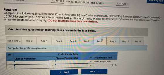 $ 240,600 Total liabilities and equity $ 248,600 Required: Compute the following: (1) current ratio, (2) acid-test ratio, (3)