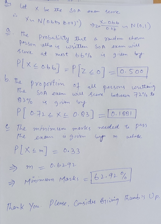 a. the probasin let X be the SOA exam seere xu N(0.66, 60,07) ²) +-0.6b u N(0,1) e probability that a randon chosen person wh