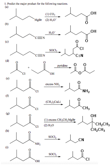 1. Predict the major product for the following reactions. он (1) CO2 MgBr (2)Ho он CI SOCI CEN (d) o excess NH NH2 (CH CuLi C