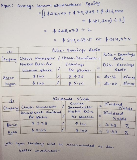 Ryan: Average commion Atock holders Equity = ($216,000 + $74,879 + $ 216,000 + $121,200) : 2) = $628,079 +2 = $314,039.5 or