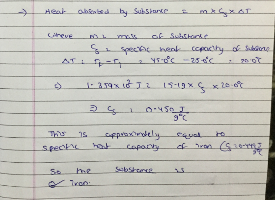 Heat absorbed by substance a mxGxOT where me mass of substance ça speckie neat capacity DJ 2 T-T 2 45.0°C - 25.0°C of sublanc