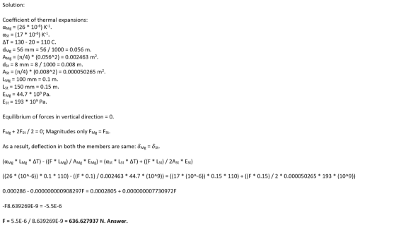 Solution: Coefficient of thermal expansions: AMg = (26 * 10-6) K-1 Ast = (17 * 10-6) K-1, AT = 130 - 20 = 110 C. dimg = 56 mm