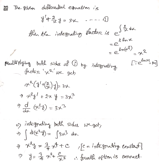 7 The given differential equation is yt 2 J - 2 Y = 34 then the integrating factor is el l the alna =e e ence) = x2 [re en M