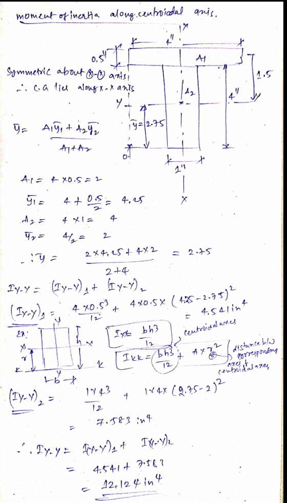 moment of inertia aloug, centroiadal anis, 0,517 Symmetric about of ants ca lies along X-X ants 14 G= Aldo + A2% y=2.75 2 Ai=