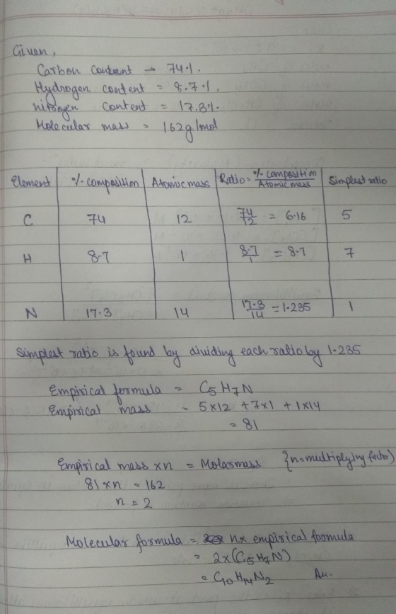 Ginen, Carbon contrent - 74.1. Hydrogen content = 8.7l. nitrogen content = 12.84. Molecular mass - 162g 1mol Element of compo