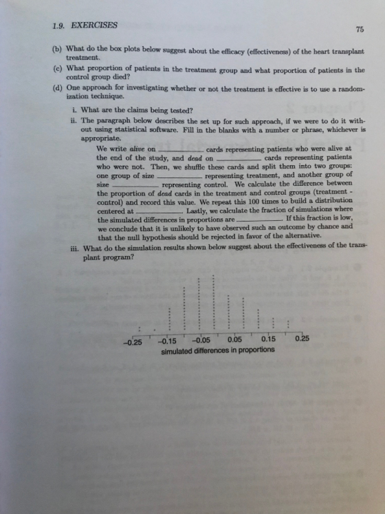 1.9. EXERCISES 75 (b) What do the box plots below suggest about the efficacy (effectiveness) of the heart transplant (c) What proportion of patients in the treatment group and what proportion of patients in the (d) One approach for investigating whether or not the treatment is effective is to use a random- control group died? ization technique. i. What are the claims being tested? ii. The paragraph below describes the set up for such approach, if we were to do it with out using statistical software. Fill in the blanks with a number or phrase, whichever is appropriate. We write alive oncards representing patients who were alive at the end of the study, and dead on who were not. Then, we shuffe these cards and split them into two groups: one group of size size the proportion of dead cards in the treatment and control groups (treatment control) and record this value. We repeat this 100 times to build a distribution centered at Lastly, we calculate the fraction of simulations where the simulated differences in proportions are we conclude that it is unlikely to have observed such an outcome by chance and that the null hypothesis should be rejected in favor of the alternative. cards representing patients representing treatment, and another group of representing control. We calculate the difference betweern If this fraction is low, i. What do the simulation results shown below suggest about the effectiveness of the trans- plant program? 0.15 0.25 -0.25 -0.15 -0.05 0.05 simulated differences in proportions