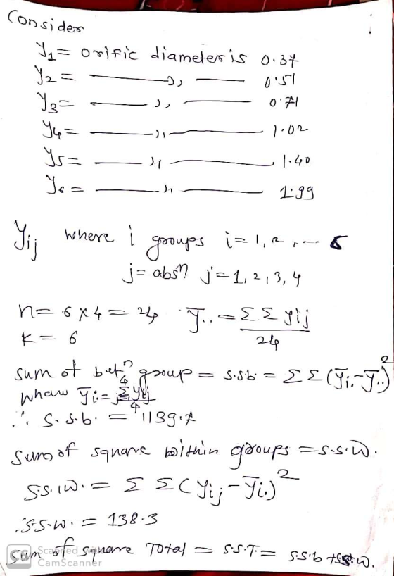 Consider 0:37 رد 051 o f = orific diameter is Y2 = Yg= Y4= Ys= Yo = ) 1.02 1.40 1.99 Yij groups i=1,2 where i=lRnb j= absn j