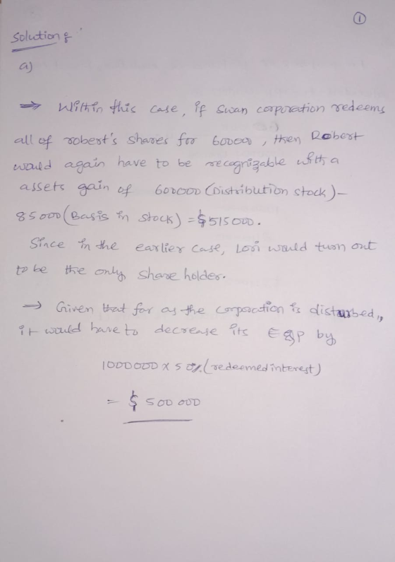 solution & Within this case, if Swan corporation redeems all of roberts shares for Gooooo, then Robert would again have to b