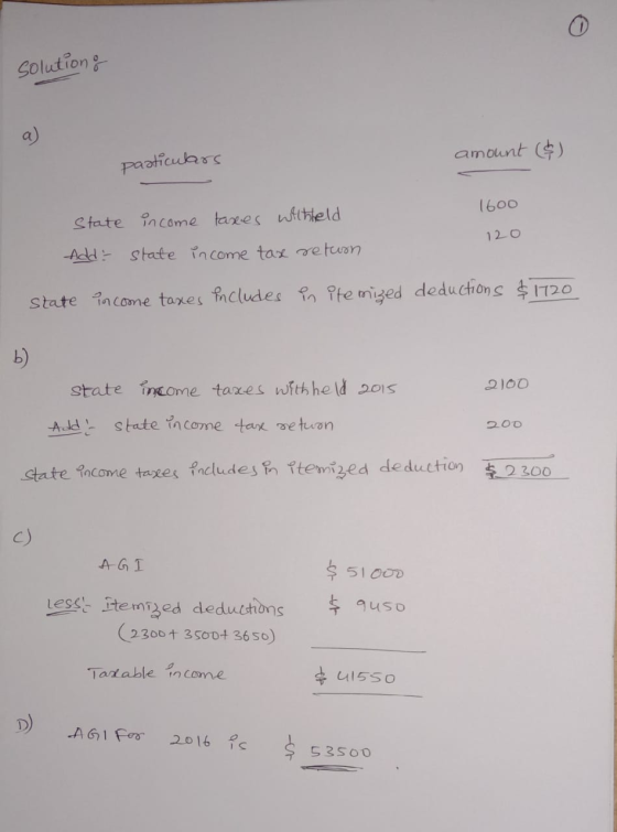 solutions amount ($) particulars State income taxes withheld 1600 120 Add state income tax return state income taxes includes