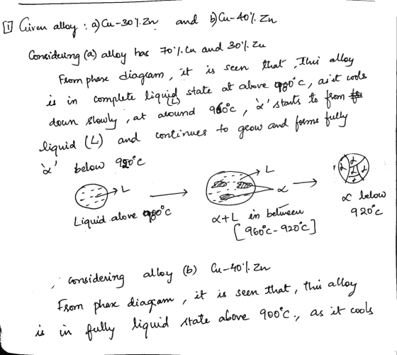 o Civen alloy : a) Cu-301.21 and 6) Cu-40%. Zn Considering (a) alloy has 70%. Cu and 30% zu From phase diagram, it is seen th