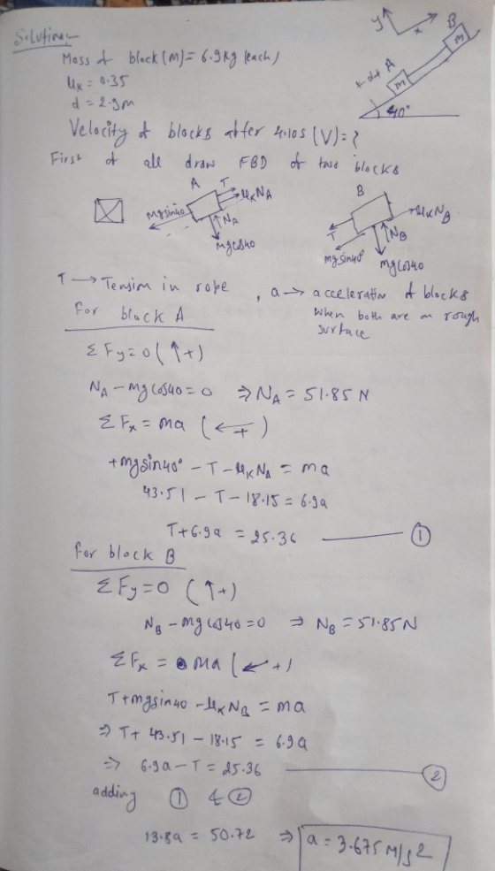Selvtin Mass t bleck (M)- 6.39 Pach UK 0.35 olt A S0 Velocity &blocks dfer toies (V): First tare block& alt draw FBD A B NA M