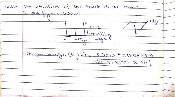 ans:- The situation of the toast is as shown in the figure belona . redge 110012 the Trailing & mg edge o Torque = mgx (0.12)