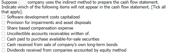 Suppose company uses the indirect method to prepare the cash flow statement. Indicate wnich of the following items will not a