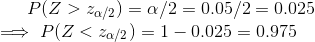 P(Z>z_{\alpha/2})=\alpha/2=0.05/2=0.025\\\implies P(Z<z_{\alpha/2})=1-0.025=0.975