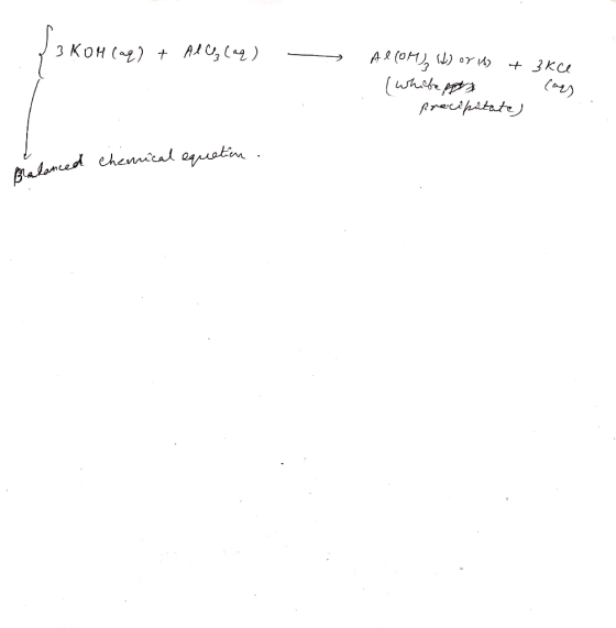 з Кон (а) + Alu, le) — (он), (L) оY 4) + 3ки (Whibe por Cars precipitate) Balanced Chemical equation.