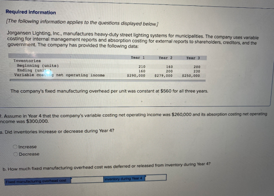 Required information (The following information applies to the questions displayed below.) Jorgansen Lighting, Inc., manufact