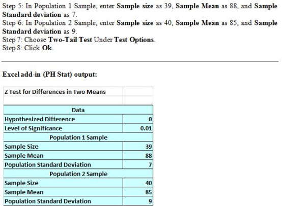 Step 5: In Population 1 Sample, enter Sample size as 39. Sample Mean as 88, and Sample Standard deviation as 7. Step 6: In Po