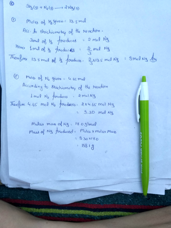 31 (9) + N2 (9) 2 Niylg) moles of 4 given = 13.5mal Acc. to stoichiometry of the reaction. Brool of the hooduces - 2 mol Nh 2