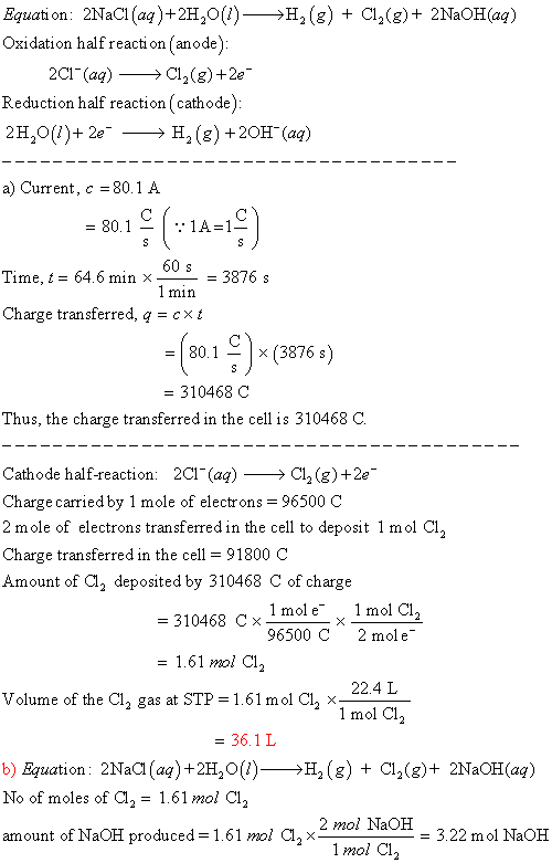 Equation : 2NaCl(aq) +2H,0(1)→→H (8) + C12(8)+ 2NaOH(aq) Oxidation half reaction (anode): 2014 (aq) →→C12(3)+22 Reduction hal