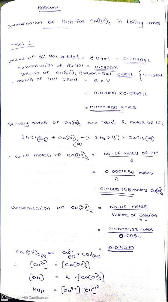 Facuer pation OP Ksp for Co0H), in boiling contes Deteemination 1 Trial volume op die of dil. Hei added a 3-6401 -0.003641 oc