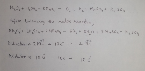 H₂O + H₂SO4 + km nou - O₂ + ₂ + Masou+ K₂ sou After balancing the redox reaction, 5 H₂O + 3H₂SO4 + 2 km nou - 50₂ + 8H₂O + 2