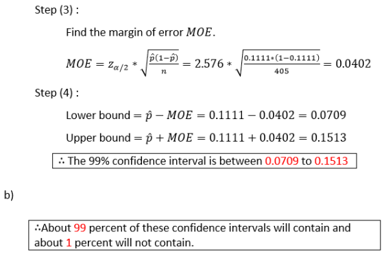 Step (3): Find the margin of error MOE. MOE = 2a/2 lô (1–0 0.1111*(1-0.1111) 2.576 * -0.0402 n 405 Step (4): Lower bound= p -