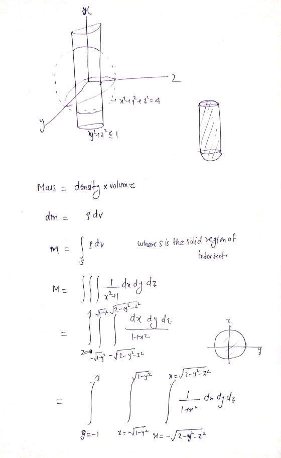 Mil ey?p2=4 19 21 2² € Majs = density x volume dm = sdr . gdv where s is the solid region of intersects Mc I du dy dz & Fys 2