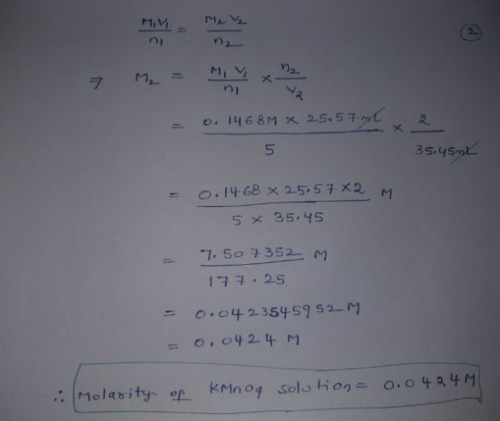 2 - o. 1468M × 25. 57 al 5 35.45mL = 0.1468 x 25.57X2 M 5* 35.45 7.50 +352 M 177.25 -0.042354-5952M = 0.042 4 M Molarity of K