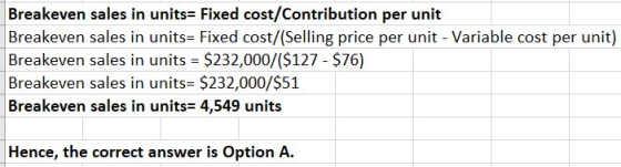 Breakeven sales in units Fixed cost/Contribution per unit Breakeven sales in units= Fixed cost/(Selling price per unit - Vari
